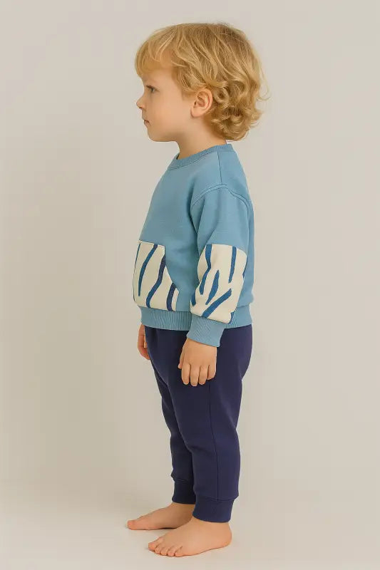 Erkek Bebek Soyut Desenli Kanguru Cepli Mavi-Lacivert Sweatshirt & Jogger Takım | % 100 Pamuk 2-4 Yaş - Bebek