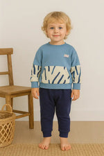 Erkek Bebek Soyut Desenli Kanguru Cepli Mavi-Lacivert Sweatshirt & Jogger Takım | % 100 Pamuk 2-4 Yaş - Bebek