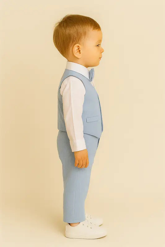 Erkek Bebek Uzun Kol Gömlekli -Papyonlu - Yelekli - Mavi Renk - Keten Takım - Bebek Giyim/Erkek Bebek Giyim/Erkek Bebek