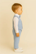 Erkek Bebek Uzun Kol Gömlekli -Papyonlu - Yelekli - Mavi Renk - Keten Takım - Bebek Giyim/Erkek Bebek Giyim/Erkek Bebek