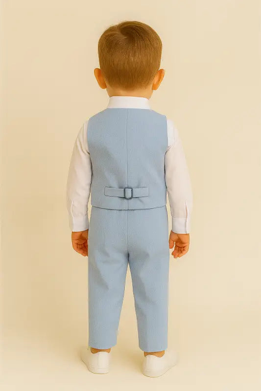 Erkek Bebek Uzun Kol Gömlekli -Papyonlu - Yelekli - Mavi Renk - Keten Takım - Bebek Giyim/Erkek Bebek Giyim/Erkek Bebek