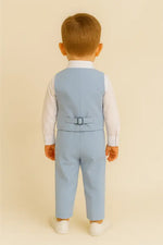 Erkek Bebek Uzun Kol Gömlekli -Papyonlu - Yelekli - Mavi Renk - Keten Takım - Bebek Giyim/Erkek Bebek Giyim/Erkek Bebek