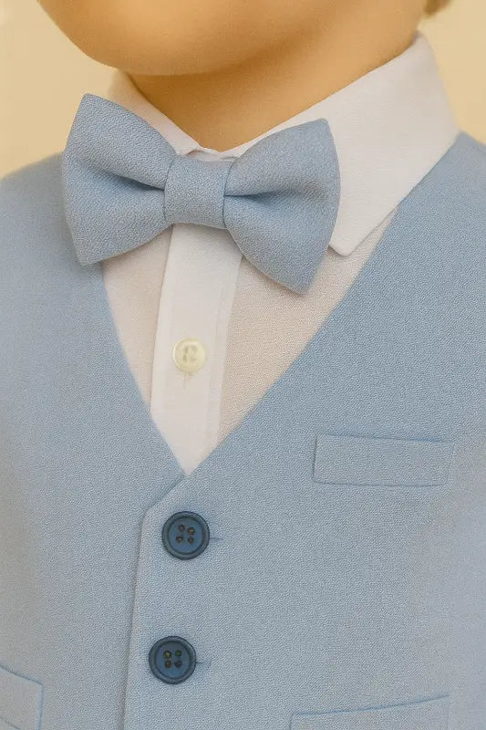 Erkek Bebek Uzun Kol Gömlekli -Papyonlu - Yelekli - Mavi Renk - Keten Takım - Bebek Giyim/Erkek Bebek Giyim/Erkek Bebek