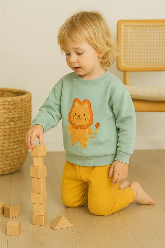 Erkek Bebek Yavru Aslan Baskılı Mint Sweatshirt & Hardal Jogger Takım | % 100 Pamuk Rahat Kesim 2-4 Yaş - Bebek