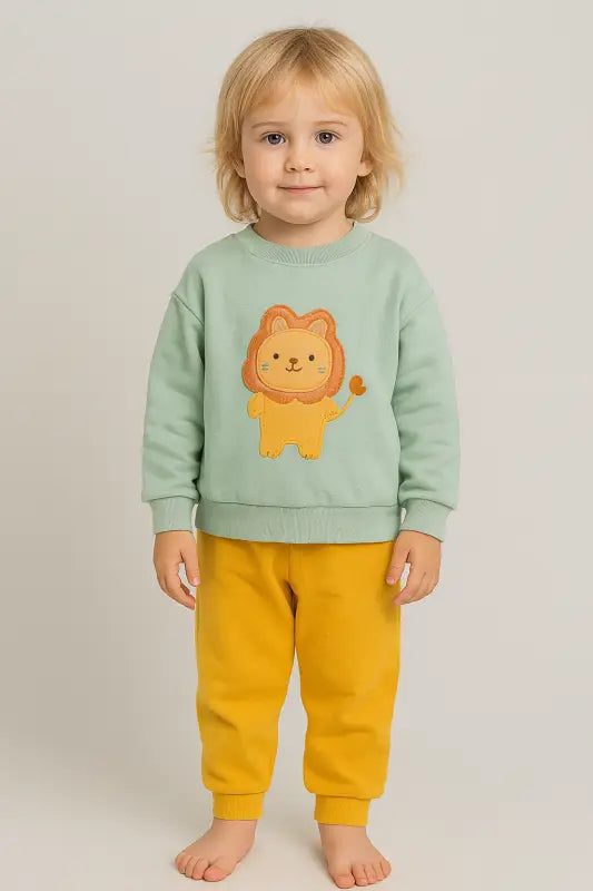 Erkek Bebek Yavru Aslan Baskılı Mint Sweatshirt & Hardal Jogger Takım | % 100 Pamuk Rahat Kesim 2-4 Yaş - Bebek