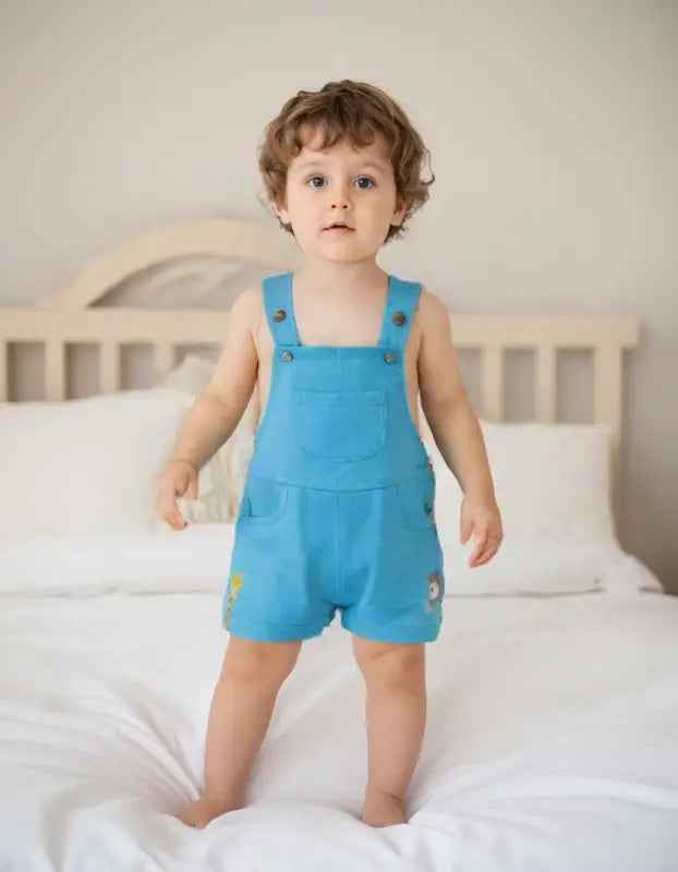 Erkek Bebek Zürafa - Ayıcık Baskılı Şort Salopet - Cepli - Mavi Renk - 18 - 36 Ay - Bebek Giyim/Erkek Bebek Giyim/Erkek