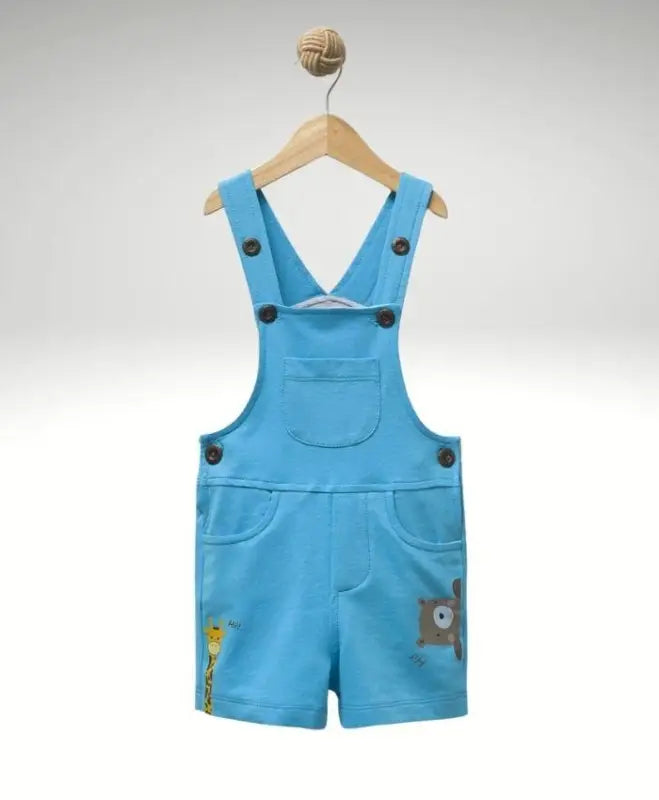 Erkek Bebek Zürafa - Ayıcık Baskılı Şort Salopet - Cepli - Mavi Renk - 18 - 36 Ay - Bebek Giyim/Erkek Bebek Giyim/Erkek