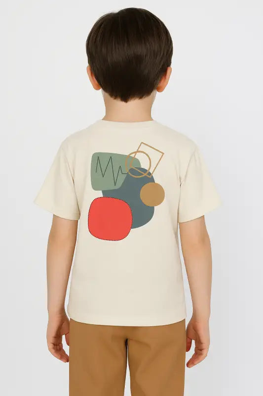 Erkek Çocuk Arkası Desenli Bisiklet Yaka - Kısa Kollu Tişörtlü - Beli Ve Bacak Uçları Lastikli- Cep Detaylı- Keten