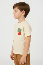 Erkek Çocuk Arkası Desenli Bisiklet Yaka - Kısa Kollu Tişörtlü - Beli Ve Bacak Uçları Lastikli- Cep Detaylı- Keten