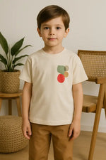 Erkek Çocuk Arkası Desenli Bisiklet Yaka - Kısa Kollu Tişörtlü - Beli Ve Bacak Uçları Lastikli- Cep Detaylı- Keten