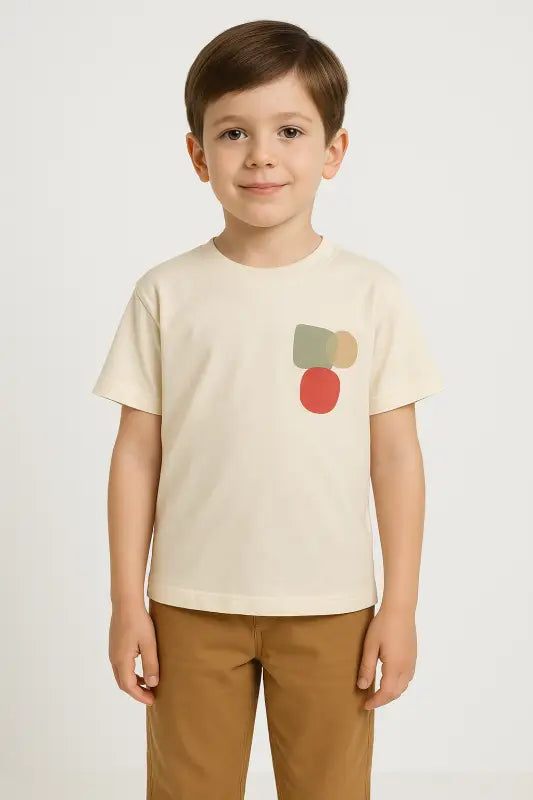 Erkek Çocuk Arkası Desenli Bisiklet Yaka - Kısa Kollu Tişörtlü - Beli Ve Bacak Uçları Lastikli- Cep Detaylı- Keten