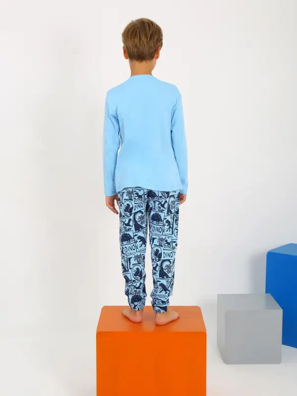 Erkek Çocuk Brave Team Yazılı Dinazor Baskılı Mavi Renk Pijama Tk. - Erkek Çocuk Giyim/Erkek Çocuk Pijama & Eşofman