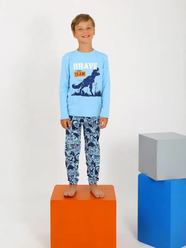 Erkek Çocuk Brave Team Yazılı Dinazor Baskılı Mavi Renk Pijama Tk. - Erkek Çocuk Giyim/Erkek Çocuk Pijama & Eşofman