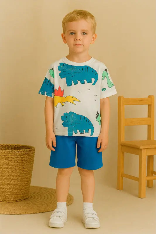 Erkek Çocuk Dinazor Baskılı Kısa Kol Tişörtlü - Şortlu Takım - Bebek Giyim/Erkek Bebek Giyim/Erkek Bebek Takımları