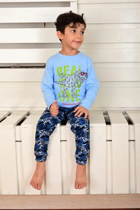 Erkek Çocuk Dino Rex Baskılı Uzun Kol Pamuklu Pijama Takımı - 1-9 Yaş - Erkek Çocuk Giyim/Erkek Çocuk Pijama & Eşofman