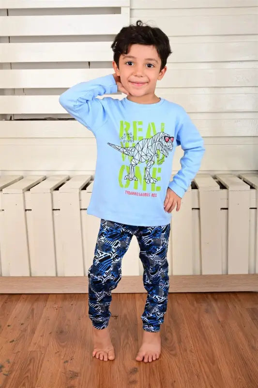 Erkek Çocuk Dino Rex Baskılı Uzun Kol Pamuklu Pijama Takımı - 1-9 Yaş - Erkek Çocuk Giyim/Erkek Çocuk Pijama & Eşofman
