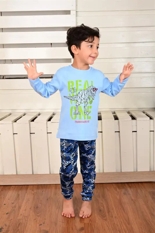 Erkek Çocuk Dino Rex Baskılı Uzun Kol Pamuklu Pijama Takımı - 1-9 Yaş - Erkek Çocuk Giyim/Erkek Çocuk Pijama & Eşofman