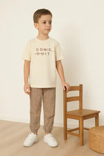 Erkek Çocuk Dont Quıt Yazılı Kısa Kollu Tişörtlü - Beli Lve Paça Kısmı Lastikli- Çizgili - Cep Detaylı Pantolon Takım