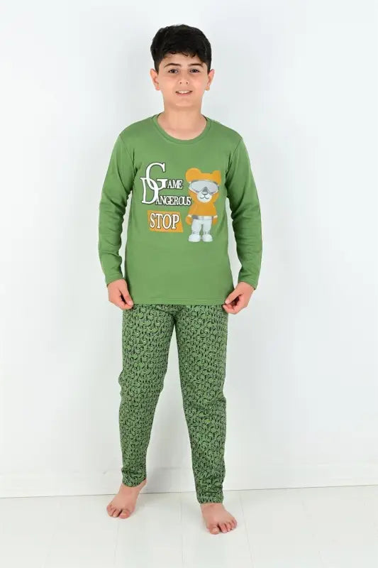 Erkek Çocuk Game Dan Gereos Ayıcık Baskılı Yeşil Renk Uzun Kollu Pijama Tk. - Erkek Çocuk Giyim/Erkek Çocuk Pijama &