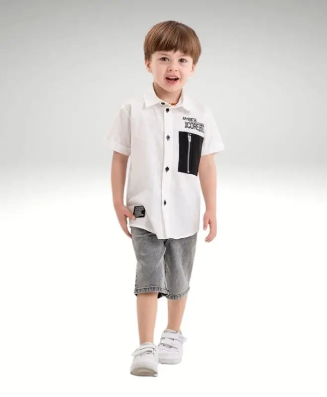 Erkek Çocuk Gömlekli Düğmeli Kot Kaprili 2 Li Keten Takım - Cep Detaylı - Keten Gömlek - 2-3-4-5 Yaş - Erkek Çocuk