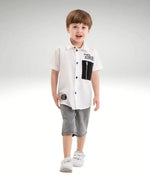 Erkek Çocuk Gömlekli Düğmeli Kot Kaprili 2 Li Keten Takım - Cep Detaylı - Keten Gömlek - 2-3-4-5 Yaş - Erkek Çocuk