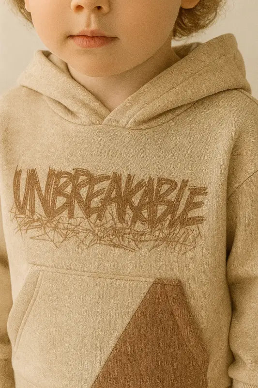 Erkek Çocuk Graffiti Baskılı Kapüşonlu Eşofman Takımı – Bej & Kahverengi 3 İplik Kanguru Cepli (3-6 Yaş) - Erkek Çocuk