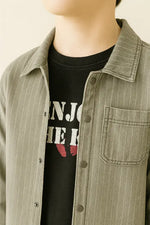 Erkek Çocuk Haki Çizgili Keten Jogger Takım – Çıtçıtlı Gömlek-Ceket & Elastik Pantolon | 10-12 Yaş” - Erkek Çocuk