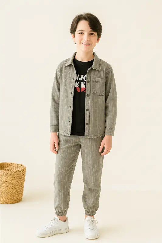 Erkek Çocuk Haki Çizgili Keten Jogger Takım – Çıtçıtlı Gömlek-Ceket & Elastik Pantolon | 10-12 Yaş” - Erkek Çocuk
