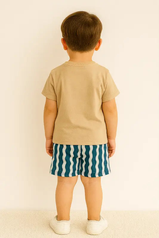 Erkek Çocuk Hayvan Figürlü - Sunrıse Yazılı - Kısakollu- Bisiklet Yaka - Tişöertlü - Beli Lastikli- Çizgi Baskılı