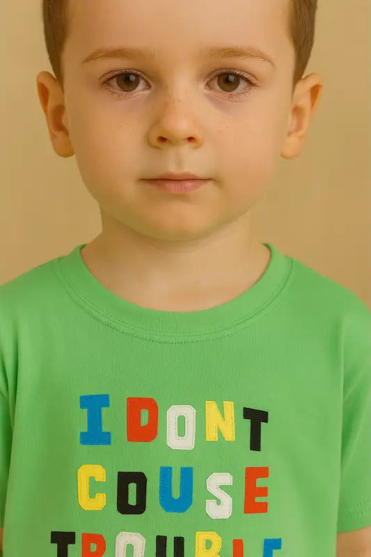 Erkek Çocuk I Dont Couse Trouble Yazılı Yeşil Renkli Kısa Kollu Tişörtlü Şortlu Takım - Bebek Giyim/Erkek Bebek