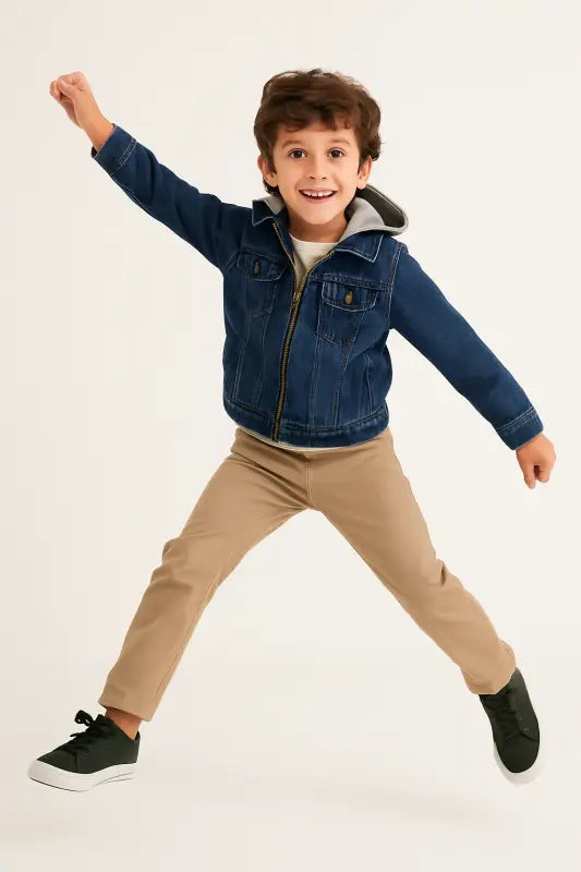 Erkek Çocuk Kapşonlu Kot Ceket-Keten Gömlekli-Kısa Kol Tişörtlü-Keten Kot Pantolonlu 4Lü Takımı - Erkek Çocuk