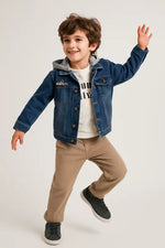 Erkek Çocuk Kapşonlu Kot Ceket-Keten Gömlekli-Kısa Kol Tişörtlü-Keten Kot Pantolonlu 4Lü Takımı - Erkek Çocuk