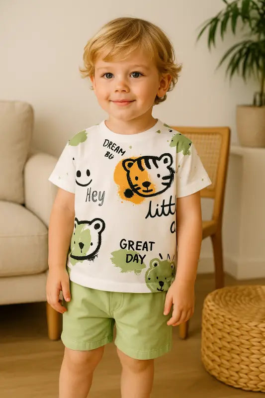 Erkek Çocuk Kedi Kafa Baskılı Kısa Kollu - Şortlu Yeşil Renk Takım - Erkek Çocuk Giyim/Erkek Çocuk Takım