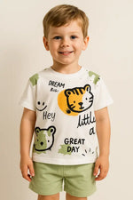 Erkek Çocuk Kedi Kafa Baskılı Kısa Kollu - Şortlu Yeşil Renk Takım - Erkek Çocuk Giyim/Erkek Çocuk Takım