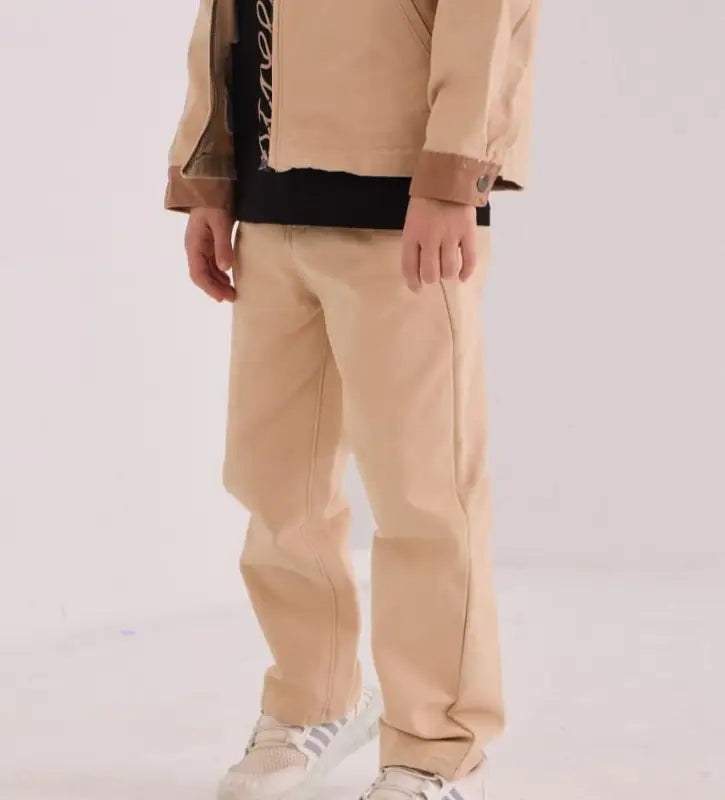 Erkek Çocuk Keten Ceketli- Kısa Kollu -Bisiklet Yaka-Siyah Renk Tişört- Keten -Krem Renk Pantolonlu 3Lü Takım - Erkek