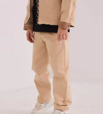 Erkek Çocuk Keten Ceketli- Kısa Kollu -Bisiklet Yaka-Siyah Renk Tişört- Keten -Krem Renk Pantolonlu 3Lü Takım - Erkek