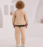 Erkek Çocuk Keten Ceketli- Kısa Kollu -Bisiklet Yaka-Siyah Renk Tişört- Keten -Krem Renk Pantolonlu 3Lü Takım - Erkek