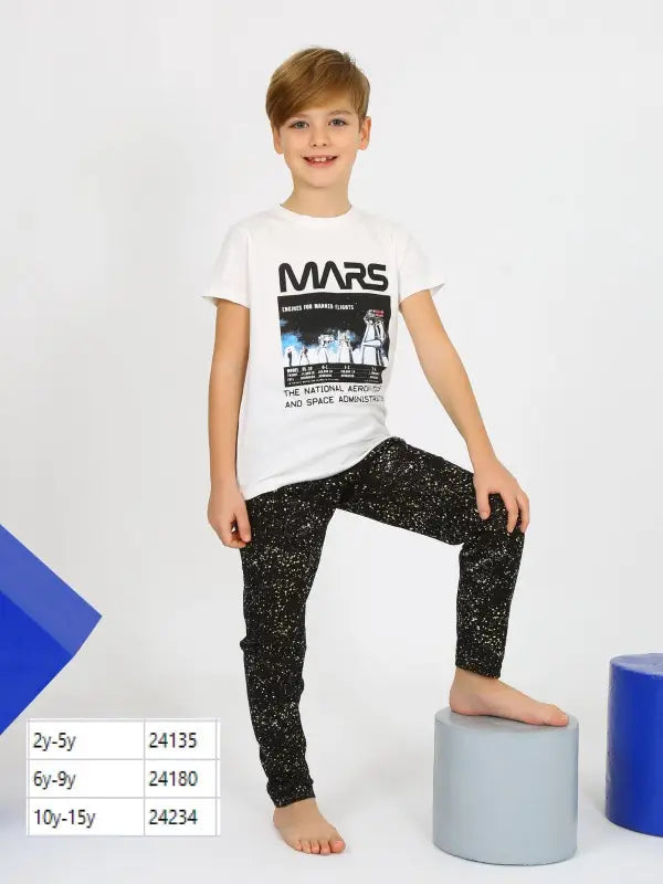 Erkek Çocuk Kısa Kollu Pijama Takımı | 2-5 Yaş | Uyku Kıyafeti | Mars Baskılı | Beyaz - Erkek Çocuk Giyim/Erkek Çocuk