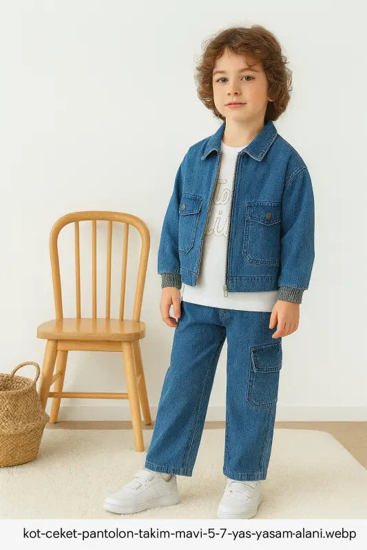 Erkek Çocuk Kot Ceket & Kargo Pantolon Takım – Mavi Denim 5-7 Yaş | Erkek Çocuk Giyim/Erkek Çocuk Takım