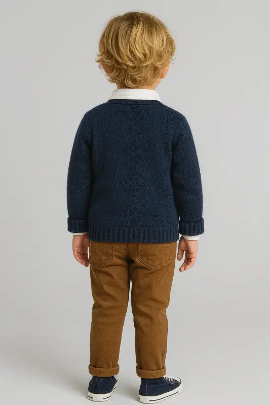 Erkek Çocuk Lacivert Triko Hırka & Beyaz Gömlek & Kamel Pantolon Kombini | 3-5 Yaş Rahat Ve Şık Günlük Takım - Erkek