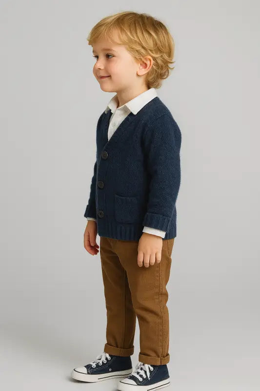 Erkek Çocuk Lacivert Triko Hırka & Beyaz Gömlek & Kamel Pantolon Kombini | 3-5 Yaş Rahat Ve Şık Günlük Takım - Erkek