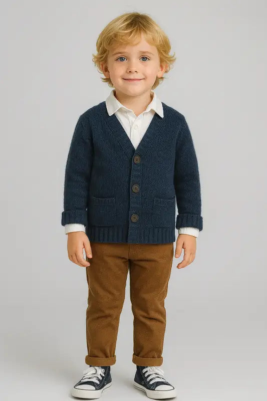 Erkek Çocuk Lacivert Triko Hırka & Beyaz Gömlek & Kamel Pantolon Kombini | 3-5 Yaş Rahat Ve Şık Günlük Takım - Erkek