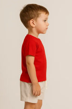 Erkek Çocuk Only Good Vibes Yazılı Kırmızı Renk - Kısa Kollu - Bisiklet Yaka- Tişörtlü - Bel Kısmı Lastikli - Şort