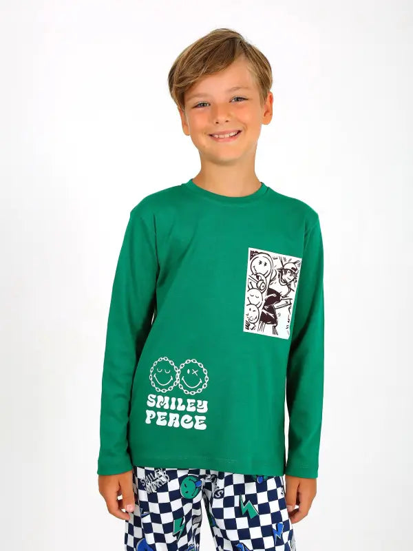 Erkek Çocuk Smıley Peage Baskılı Uzun Kollu Yeşil Renk Pamuklu Pijama Tk. - Erkek Çocuk Giyim/Erkek Çocuk Pijama &
