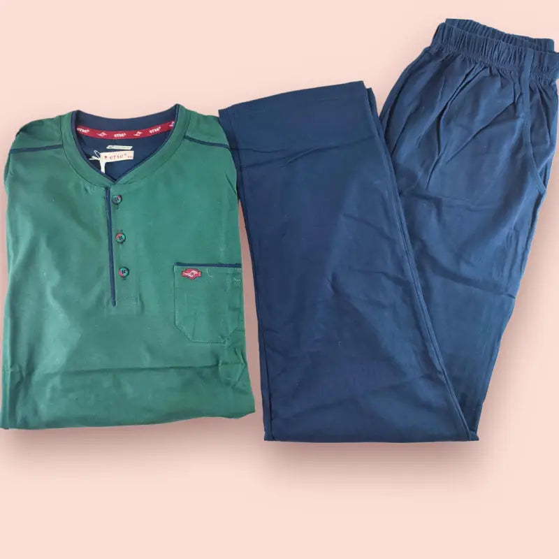 Erkek Düğmeli Pamuklu Uzun Kollu Pijama Takımı - Mavi 100% Pamuklu Uyku Seti - İç Giyim/Erkek İç Giyim/Erkek Pijama &