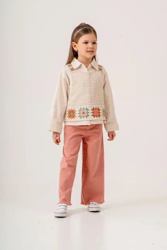 Granny Square Örgü Süveterli Kız Çocuk Keten Gömlek & Pembe Wide-Leg Pantolon Takımı | 4-6 Yaş - Kız Çocuk Giyim/Kız
