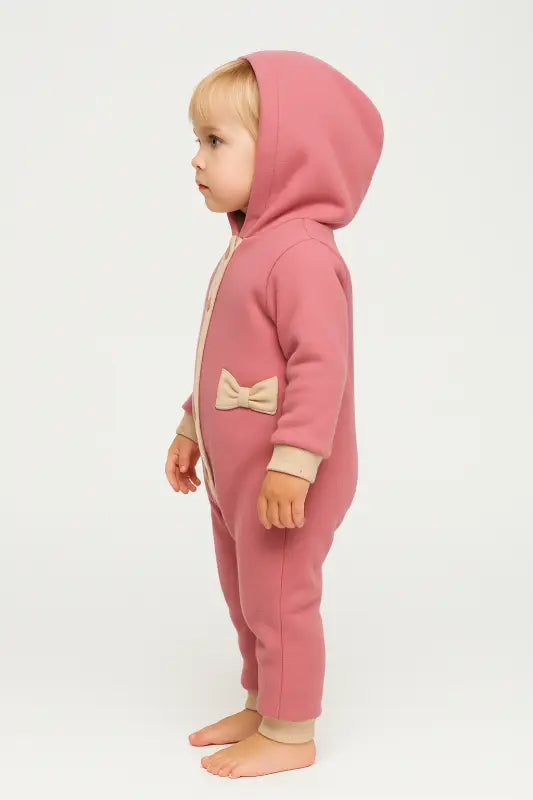Gülkurusu Kapüşonlu Fiyonklu Kız Bebek Tulum | % 100 Pamuk Ribana | 0-12 Ay - Bebek Giyim/Kız Bebek Giyim/Kız Bebek