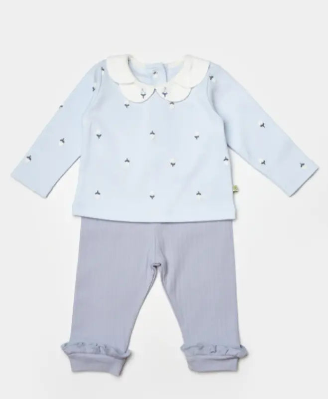 Kız Bebek Çiçek Nakışlı Bebe Yakalı Uzun Kol Mavi Renk 2Li Takım - Bebek Giyim/Kız Bebek Giyim/Kız Bebek Takımları