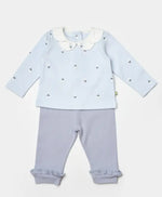 Kız Bebek Çiçek Nakışlı Bebe Yakalı Uzun Kol Mavi Renk 2Li Takım - Bebek Giyim/Kız Bebek Giyim/Kız Bebek Takımları