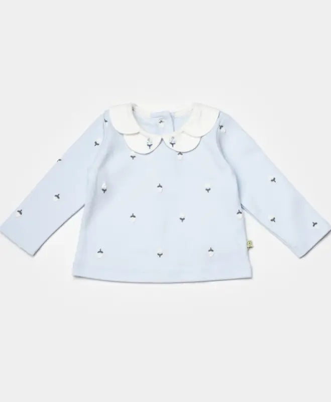 Kız Bebek Çiçek Nakışlı Bebe Yakalı Uzun Kol Mavi Renk 2Li Takım - Bebek Giyim/Kız Bebek Giyim/Kız Bebek Takımları